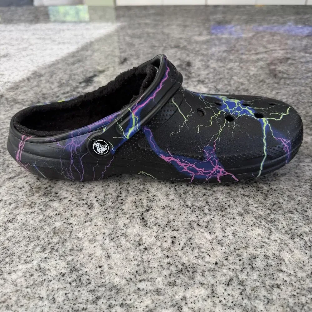 CROCS Classic Lined Clogs Black w Multicolor Lightning Bolts- Men's 8/Women's 10